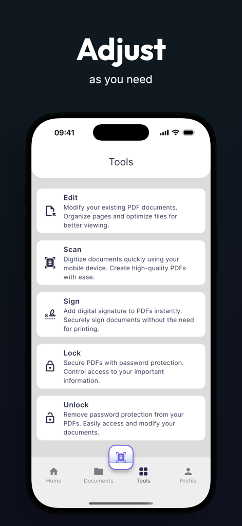 Docsy - Scan & Sign Documents - Docsy mobile app tools screen showing edit scan sign and lock document features