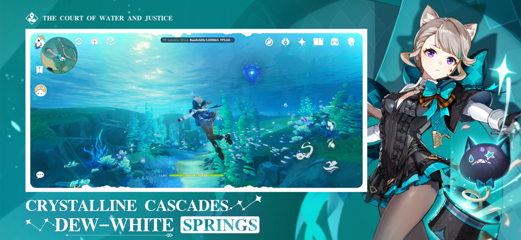 Gameplay di esplorazione subacquea in Genshin Impact Cloud con il personaggio anime Lynette