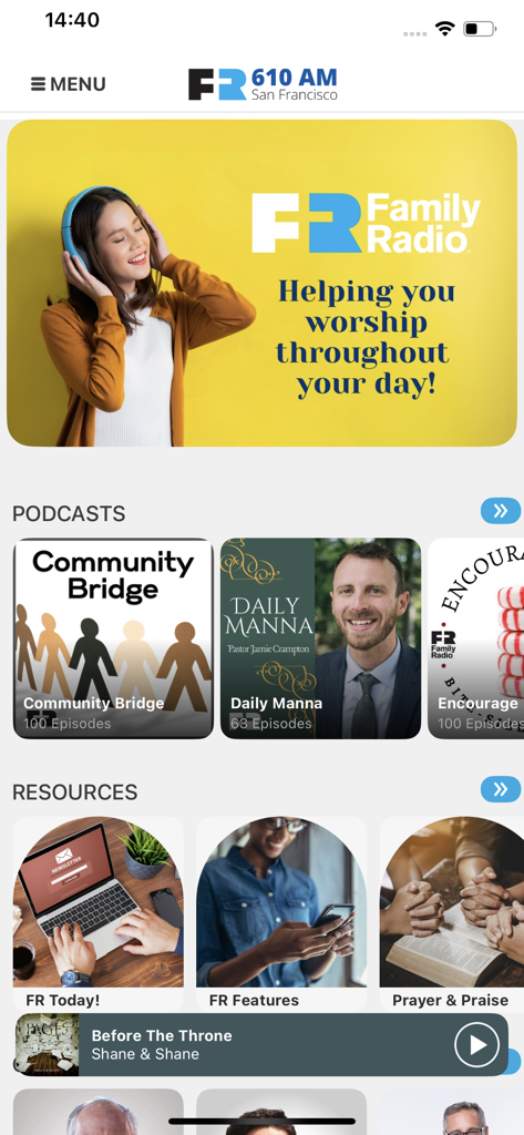 Family Radio - Family Radio app home screen featuring Christian podcasts and spiritual resources.