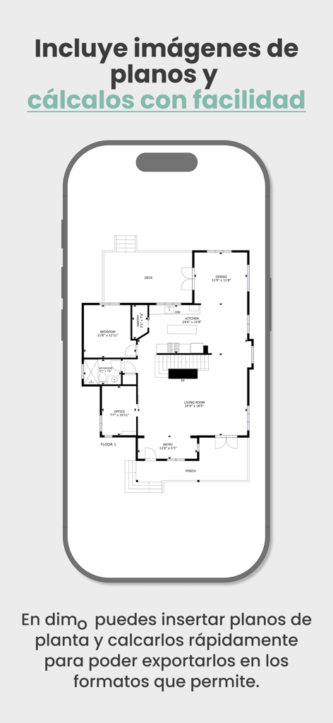 di-mo - Mobile app interface showing how to trace and export architectural floor plans.
