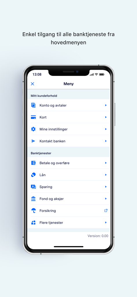 Sparebanken Møre Mobilbank - Main menu of Sparebanken More mobile banking app with account and payment services