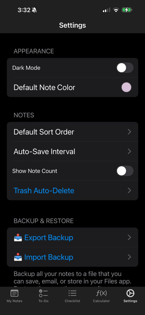 Note Book App - Pantalla de configuración de la App Bloc de Notas que muestra las preferencias de apariencia, la configuración de organización de notas y las opciones de copia de seguridad y restauración