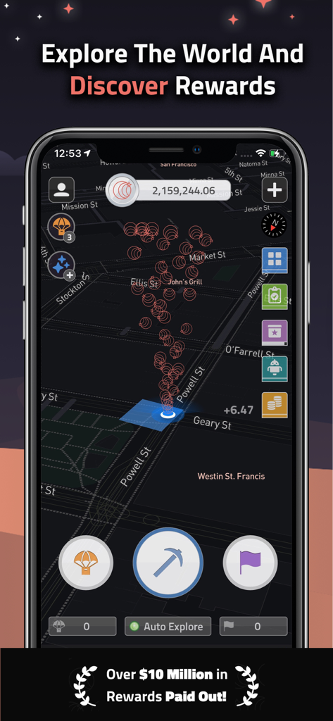 COIN app interface showing a map with geomining rewards and passive income earnings