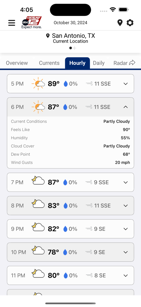 Hourly weather forecast for San Antonio on the KSAT 12 Weather Authority app