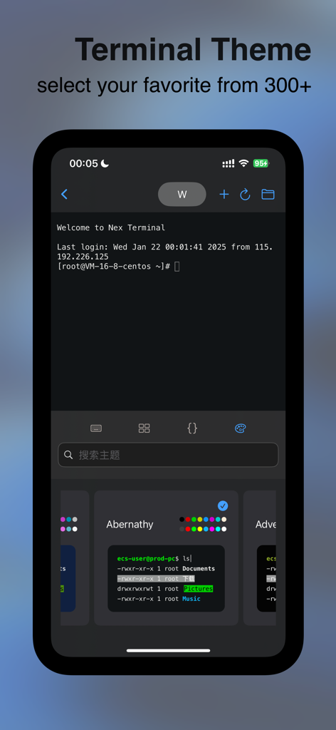Nex Terminal app interface displaying terminal theme selection with various color palettes