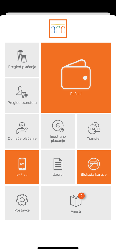 Main dashboard of the m-Intesa mobile banking app showing account management and payment tiles