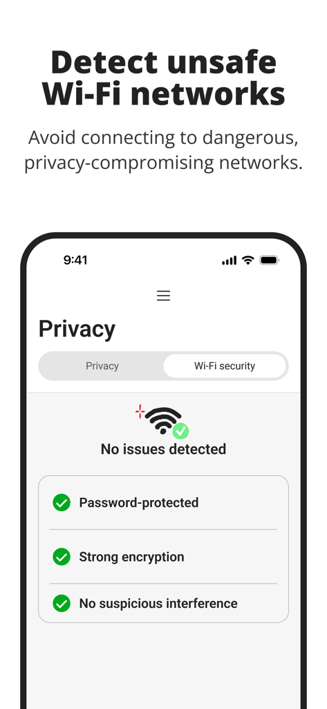Trend Micro ID Protection - Trend Micro ID Protection App-Oberfläche, die den Wi-Fi-Sicherheits-Scanner zeigt, der ein sicheres Netzwerk ohne Probleme erkennt