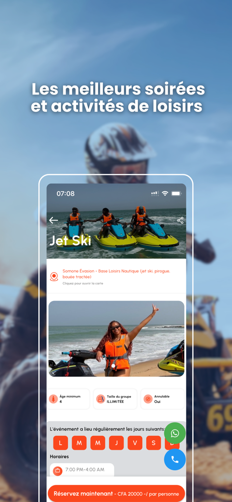 ATAYA : Activities, Matching - Ataya app interface showing details and booking options for a jet ski activity in Senegal