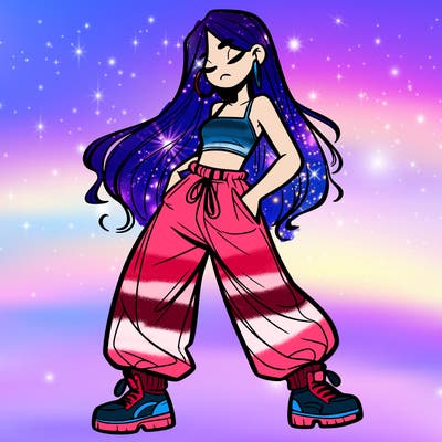 girl in baggy pants crop top and long hair