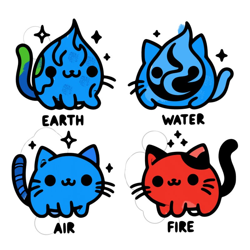 4 cats that represent the different elements, earth, water, air, and fire