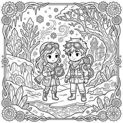 Step into a whimsical world where chibi time travelers meet a frosty winter wonderland. This enchanting coloring page combines steampunk elements with charming characters, perfect for a unique creative escape.