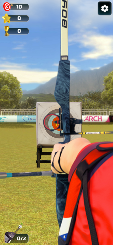 A first person view of an archer aiming a bow and arrow at a bullseye target in a grassy outdoor field