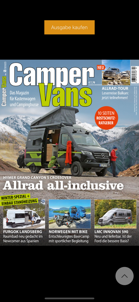 CamperVans - Cover of the CamperVans digital magazine featuring a Mercedes off-road camper van in a mountain landscape