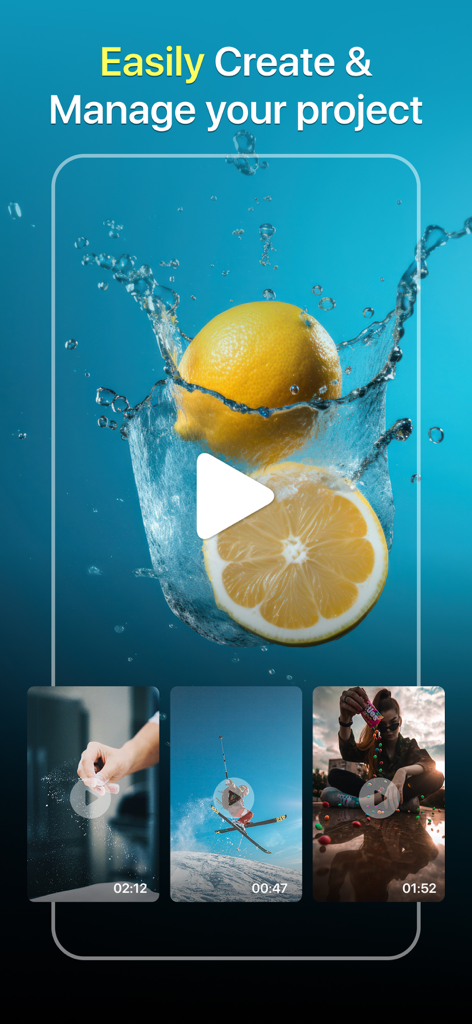 Screen of the FXMotion app showing a project management interface with several video previews including a lemon splash and a skier.