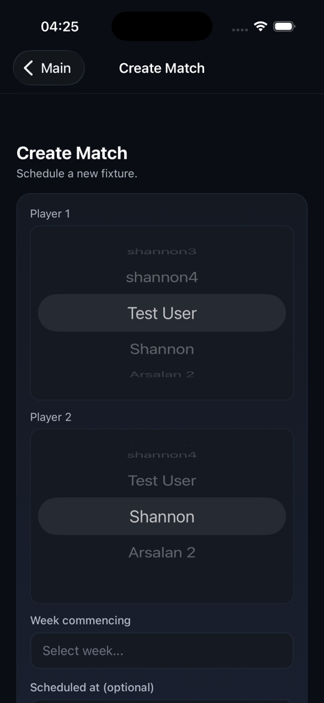 Interface for creating and scheduling a new match fixture between two players in the app