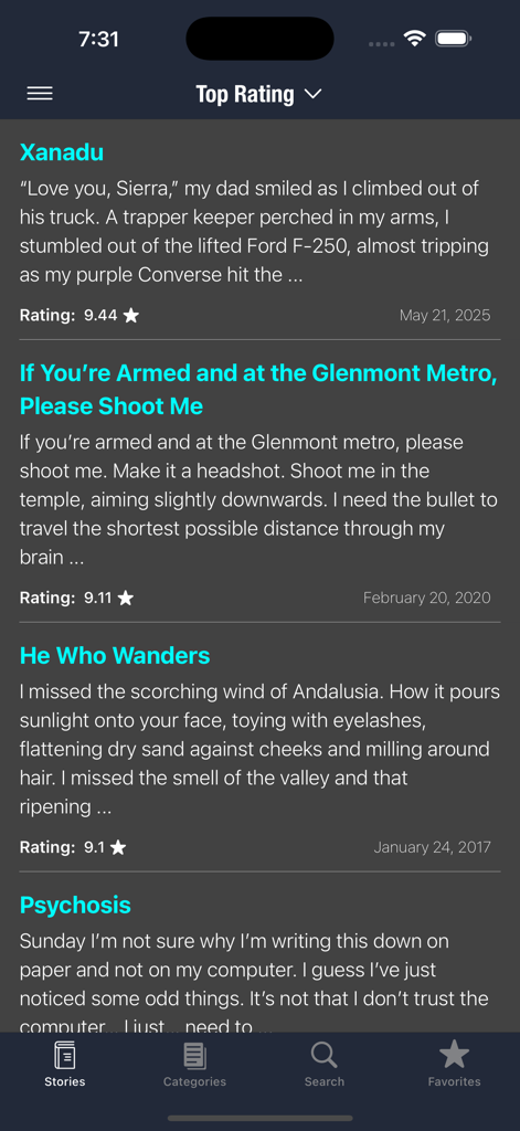 Creepypasta Stories - Mobile app screen showing a list of top rated horror stories in the Creepypasta Stories app