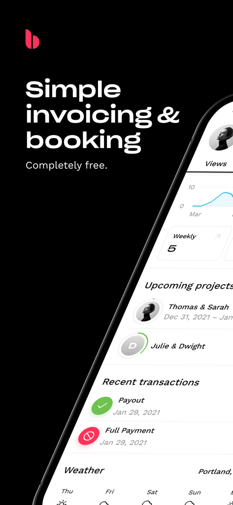 Bloom - The Invoice & CRM App - Panel de la aplicación Bloom CRM que muestra las funciones de facturación y reserva de proyectos para profesionales creativos