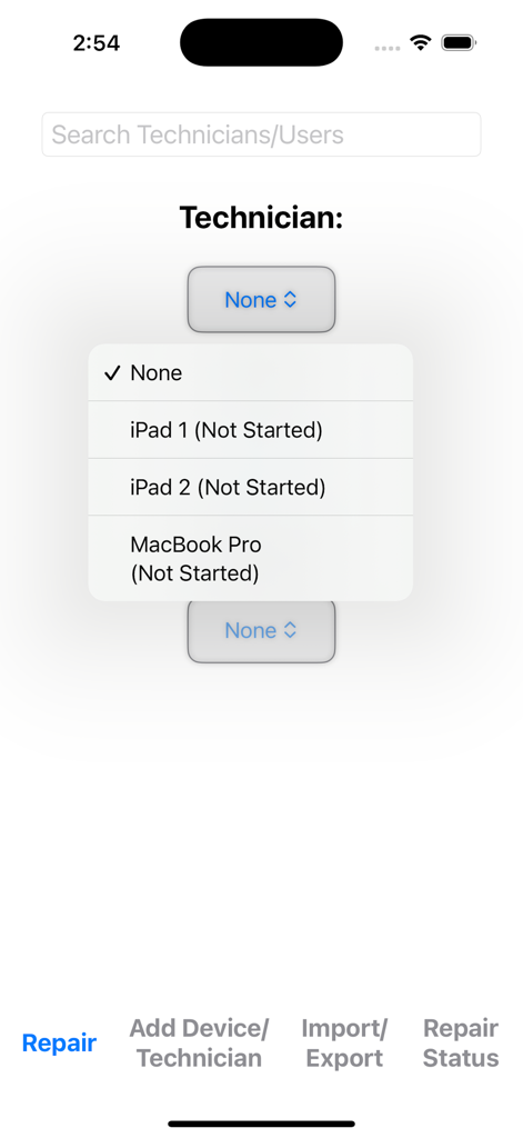 User interface of the Repair Tracking app displaying a dropdown menu to select devices like iPad and MacBook for repair tasks.