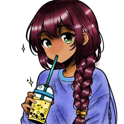 manga teenage girl with very long braided hair drinking boba