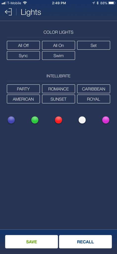 Tela de controle para cores e temas de iluminação de piscina e spa no aplicativo ScreenLogic Connect