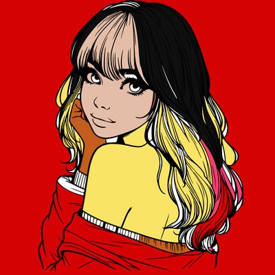 realistic girl with bangs looking over her shoulder