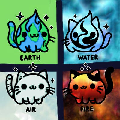 4 cats that represent the different elements, earth, water, air, and fire