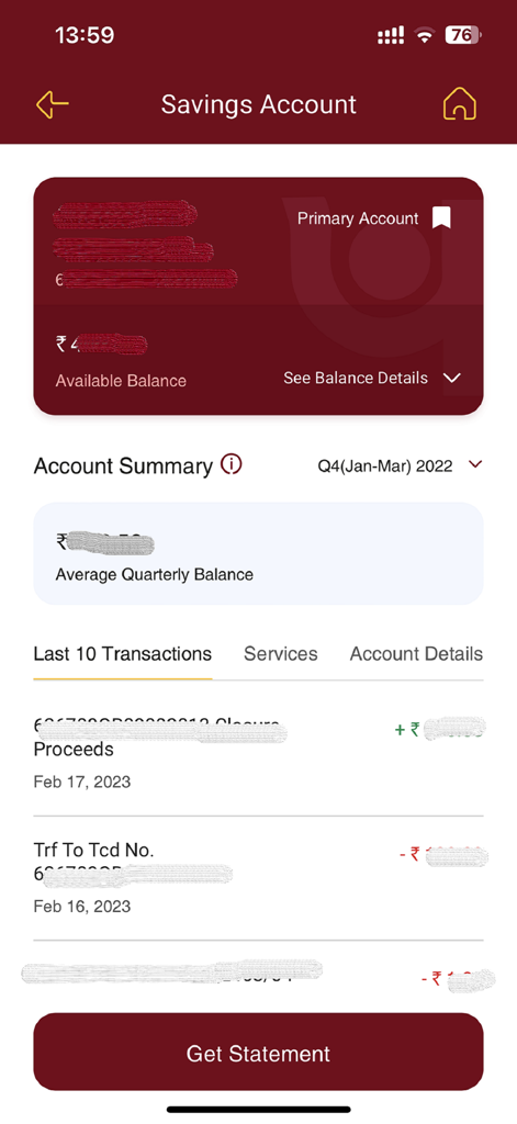 PNB ONE app interface showing savings account balance and recent transaction history in Indian Rupees.
