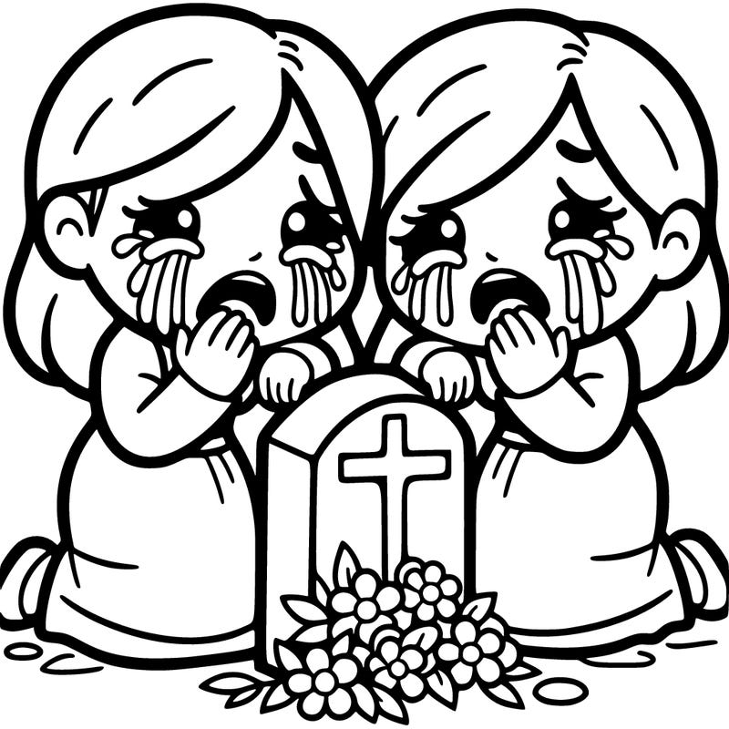 twin adult ladys crying next to gravestone