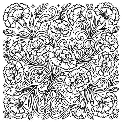 Discover the serene beauty of carnations with this exquisitely detailed coloring page, designed to fill your canvas with intricate floral patterns. Perfect for unwinding, this design invites you to bring these symbolic blooms to life with your favorite colors.