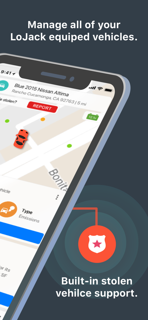 LoJack - Interfaccia dell'app LoJack che mostra il monitoraggio GPS del veicolo in tempo reale e un pulsante di segnalazione veicolo rubato