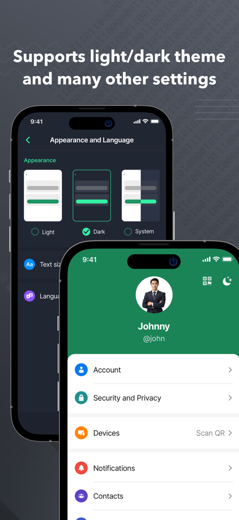 Signet - Signet app interface showing appearance settings for light and dark themes and a user profile screen