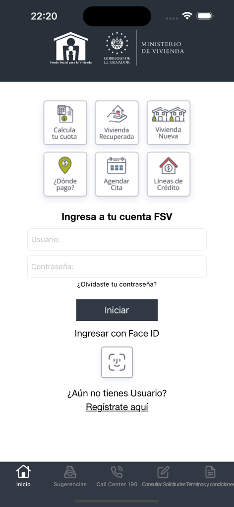 Anmeldebildschirm der FSV-Mobil-App mit Schnelleinstiegssymbolen für Hypothekenrechner und Wohnbauprogramme