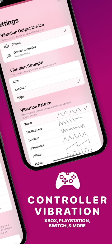 Interface of iMassage U showing settings for game controller vibration patterns and strength