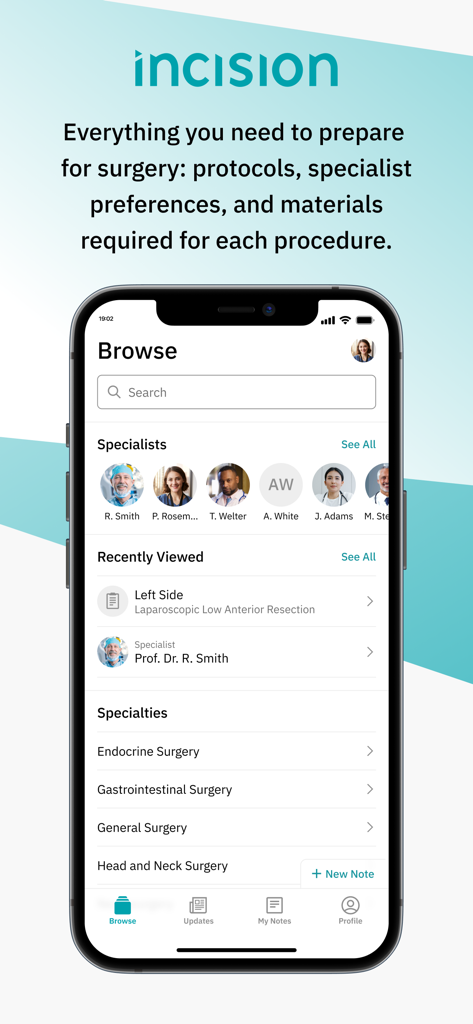Incision Assist mobile app browse interface showing surgical specialists and procedure categories