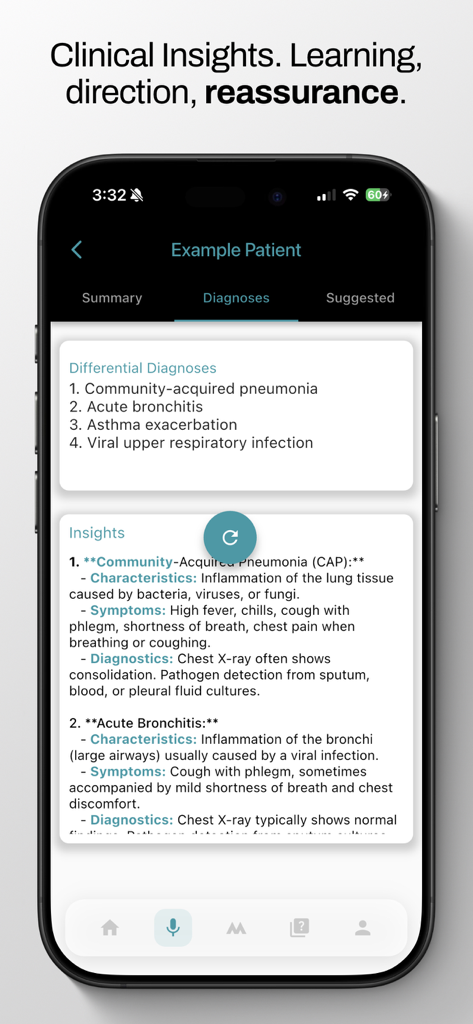 Medr app interface displaying differential diagnoses and clinical insights for respiratory conditions like pneumonia and bronchitis.