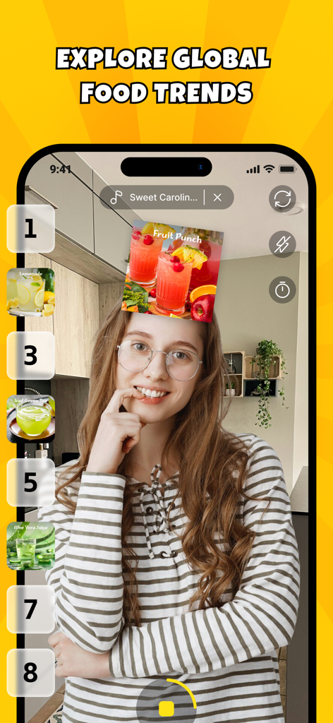 Food Challenge: Funny Filter - A young woman using an AR ranking filter to categorize different drink trends in the Food Challenge app