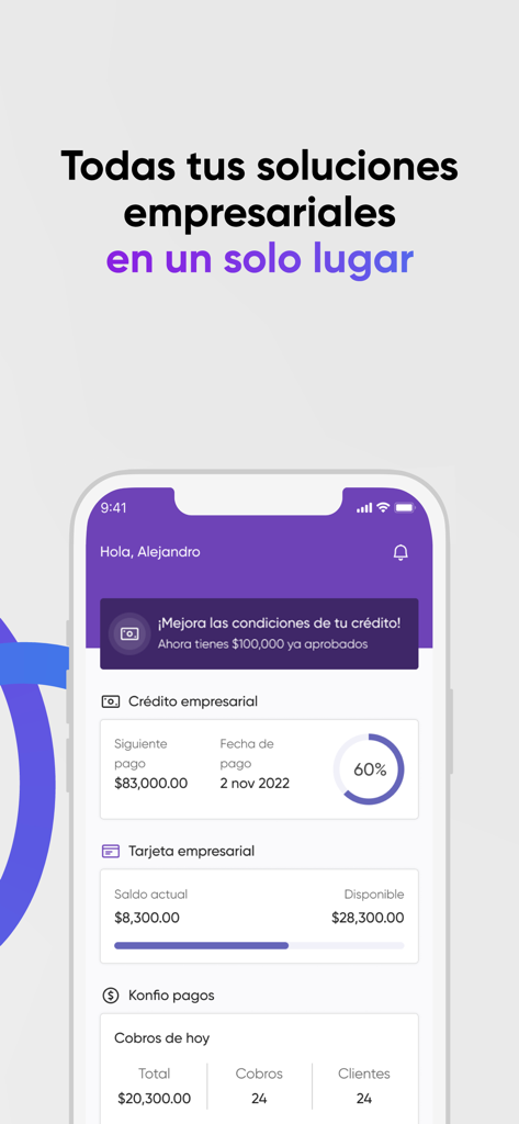 Konfío mobile app dashboard showing business credit, corporate card details, and daily payment analytics