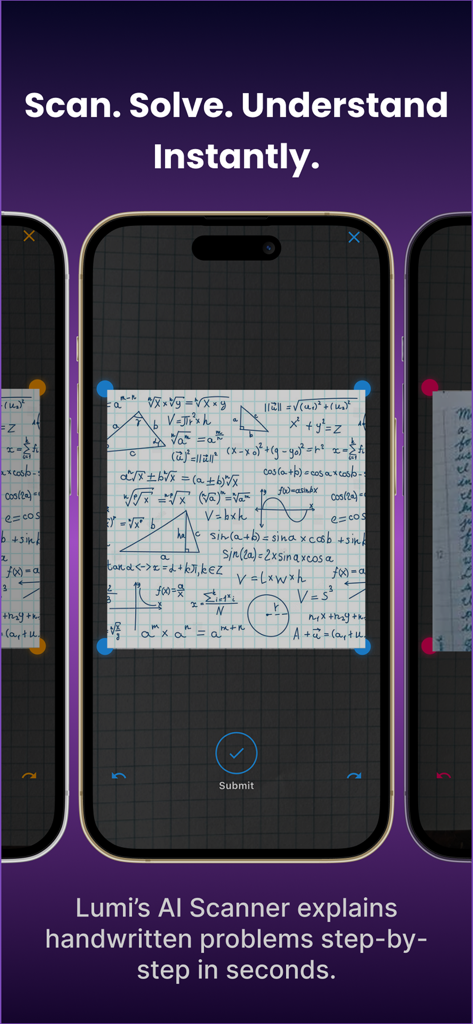 Recurso de scanner Lumi AI capturando equações e diagramas matemáticos manuscritos em um iPhone.