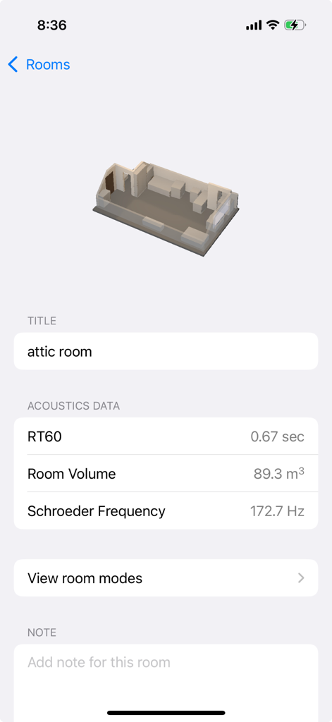 Screenshot of amscan app showing a 3D model of a scanned attic room with acoustic data like RT60 and Schroeder Frequency.