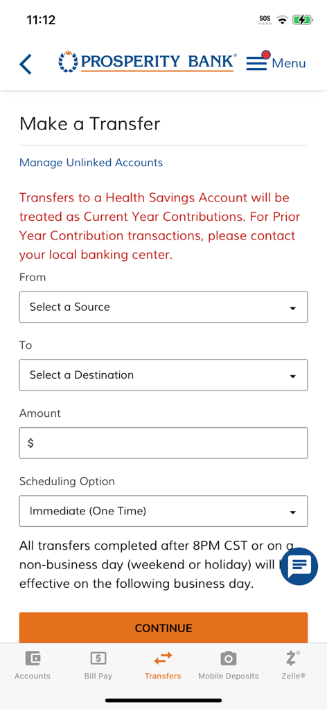 Prosperity Mobile Banking - Prosperity Bank mobile app interface for transferring funds between accounts showing source and destination selection fields