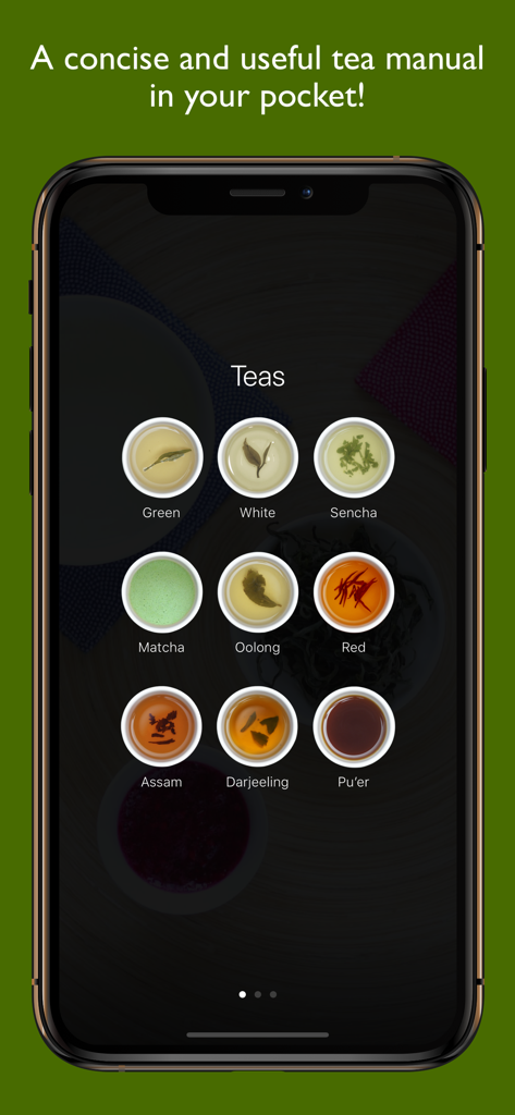 A mobile interface for The Tea App displaying a menu of nine different tea types including Matcha and Oolong.