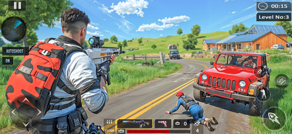 FPS Fire: Battle Royale Games - Un soldado apuntando con un rifle a un jeep rojo en el juego FPS Fire Battle Royale