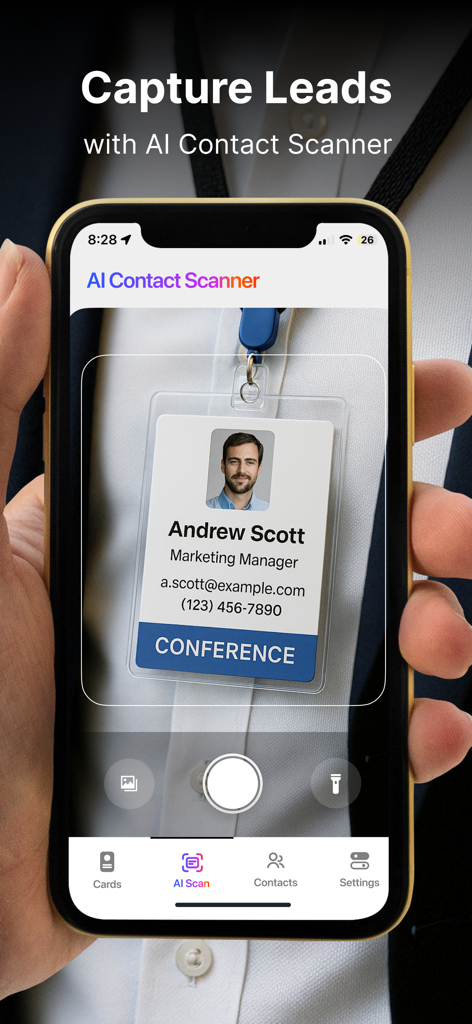 HeyDrop: Digital Business Card - App HeyDrop capturando información de leads de una credencial de conferencia usando el escáner de contactos IA