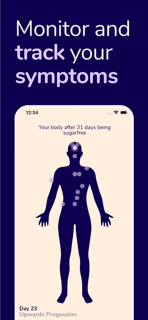 Sugarfree Quit Sugar Addiction - Interface of the Sugarfree app showing a body map for tracking health symptoms