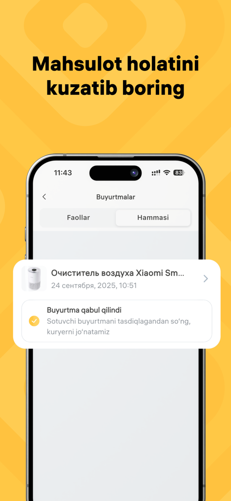 Alif Shop: Маркетплейс техники - Alif Shop App-Screenshot, der den Bestellstatus und die Tracking-Oberfläche für einen Xiaomi-Luftreiniger zeigt.
