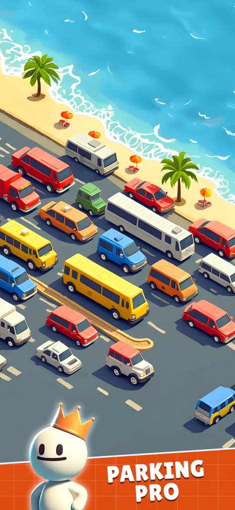 No Wifi Fun - All In One Games - Parking Pro minigame screenshot showing colorful cars and buses parked in a beachside lot