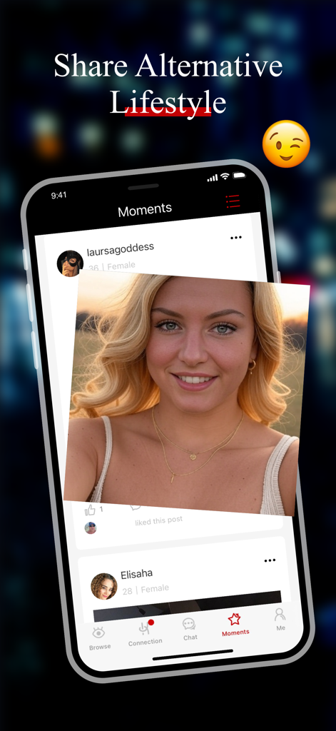 Kinks: Meet Couples & Singles - Pantalla del iPhone mostrando el feed Momentos en la aplicación KinkS para compartir estilos de vida alternativos
