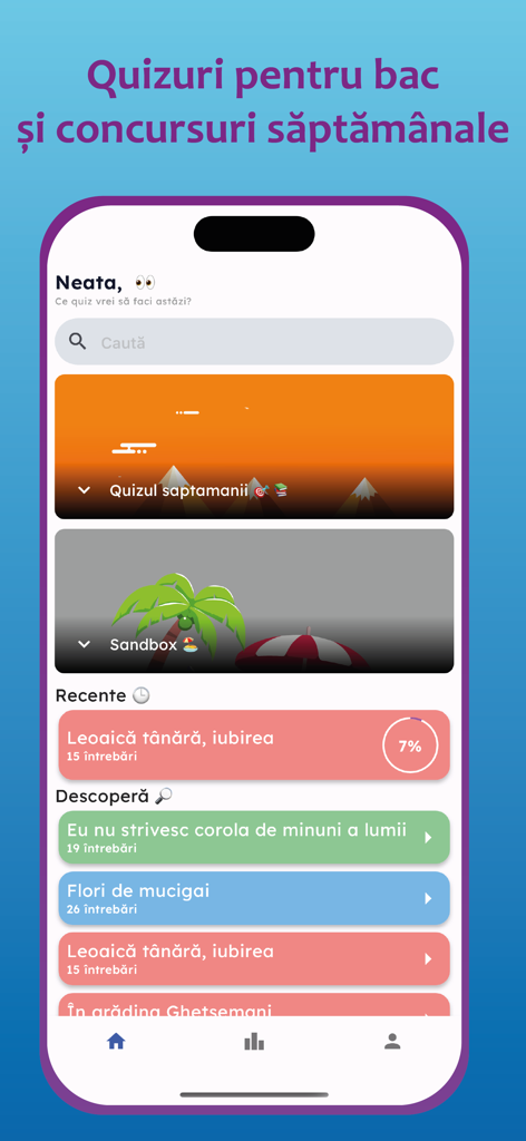 Main dashboard of the Quizuri BAC Romana app showing interactive quizzes and progress tracking for literary works.