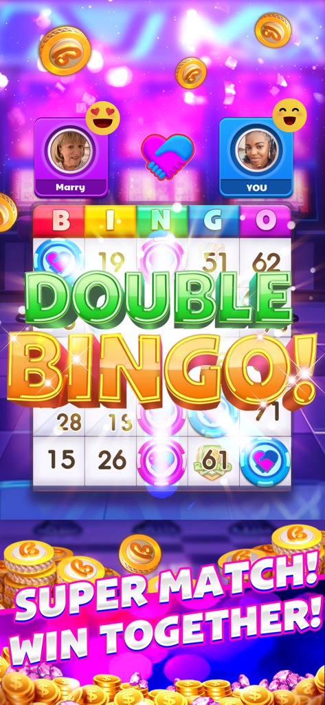 Live Party Bingo -Casino Bingo - Uno screenshot di gioco di Live Party Bingo che mostra due giocatori che vincono insieme con un messaggio "Doppio Bingo" e monete d'oro che cadono.