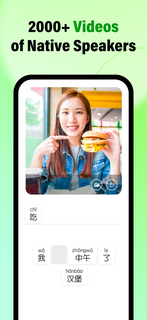 HelloChinese - Learn Chinese - Screenshot of HelloChinese app showing a video of a native speaker and a Mandarin language learning exercise.